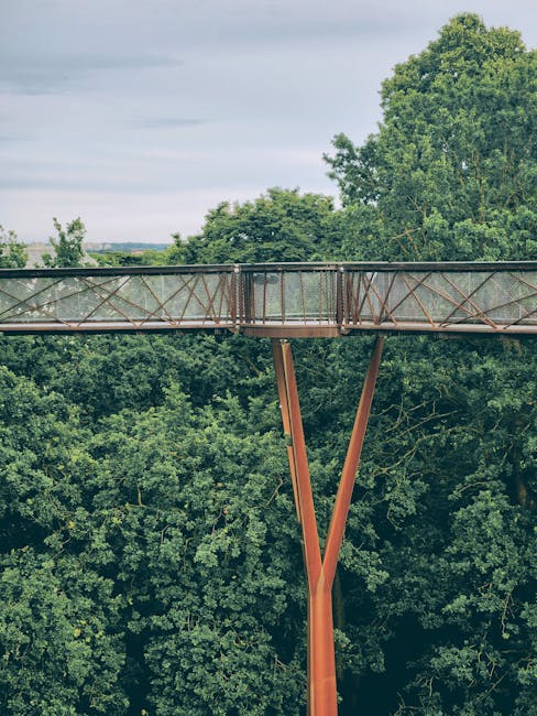 A high-angle view of a narrow metal bridge with a weathered, rusted appearance, supported by a single V-shaped steel pillar extending down into dense green foliage below. The bridge features metal panel sides and a grated walkway, with the structure spanning across a lush treetop canopy in a natural environment. The sky above is partly cloudy, with soft lighting highlighting the scene. This outdoor setting suggests a location near a park or wooded area, potentially part of a home relocation route where furniture and boxes are transported via vehicle, such as a van, to facilitate house removals, in this case possibly involving a move in or around Kew. The image captures the structural details relevant to moving logistics, emphasizing the importance of safe transport over bridges or elevated pathways during house removals conducted by services like Man with Van Kew.