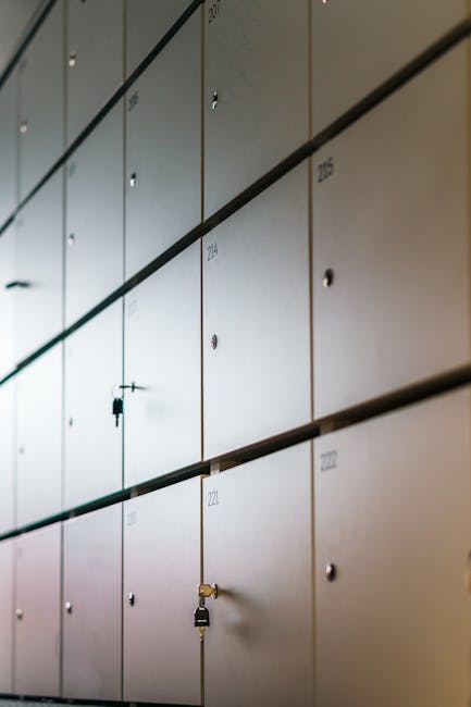 A close-up view of a set of dark brown metal lockers with small rectangular nameplates and keyholes on each door. Some lockers have padlocks or keys inserted, indicating they are secured. The lockers are arranged in a grid pattern, likely located in a storage area or hallway used for secure house removals or relocation services. The image does not show any other objects or actions, focusing solely on the locker fronts, which are evenly lit and have a matte finish. This setting may reflect storage solutions involved in packing and storing belongings during a house move managed by Man with Van Kew, supporting secure short-term storage options near Kew.